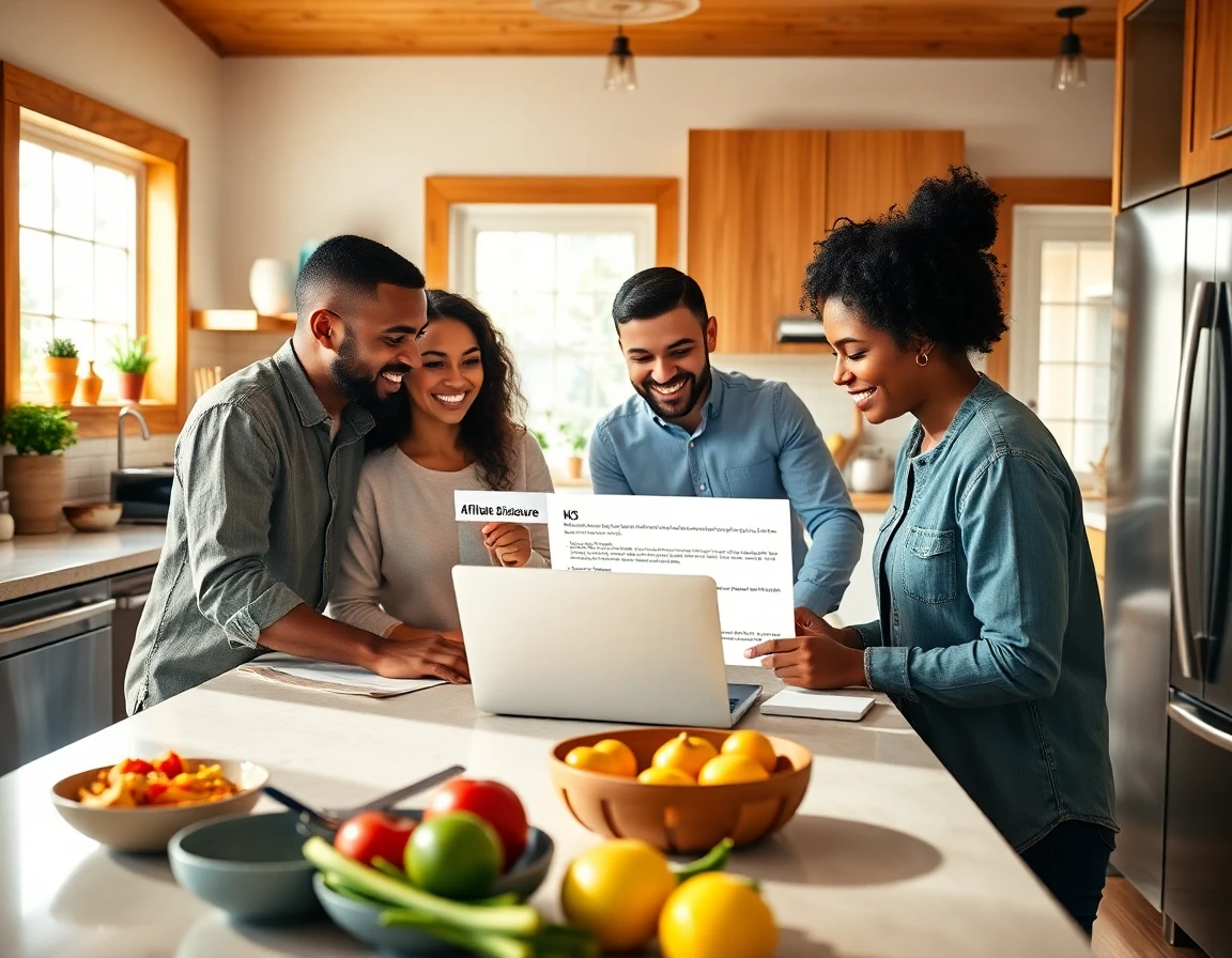 Group of people discussing affiliate disclosure in modern home kitchen