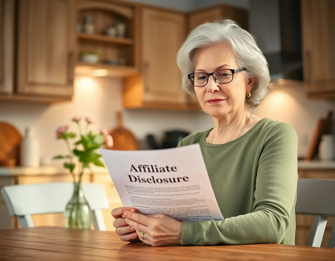 Mature woman reviewing printed affiliate disclosure in cozy kitchen setting