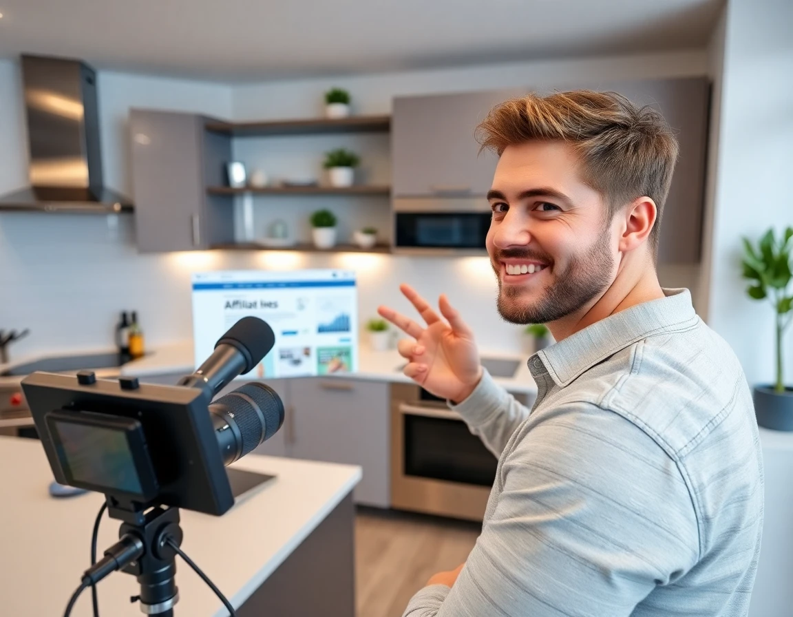 Young content creator filming about affiliate disclosure in stylish kitchen studio
