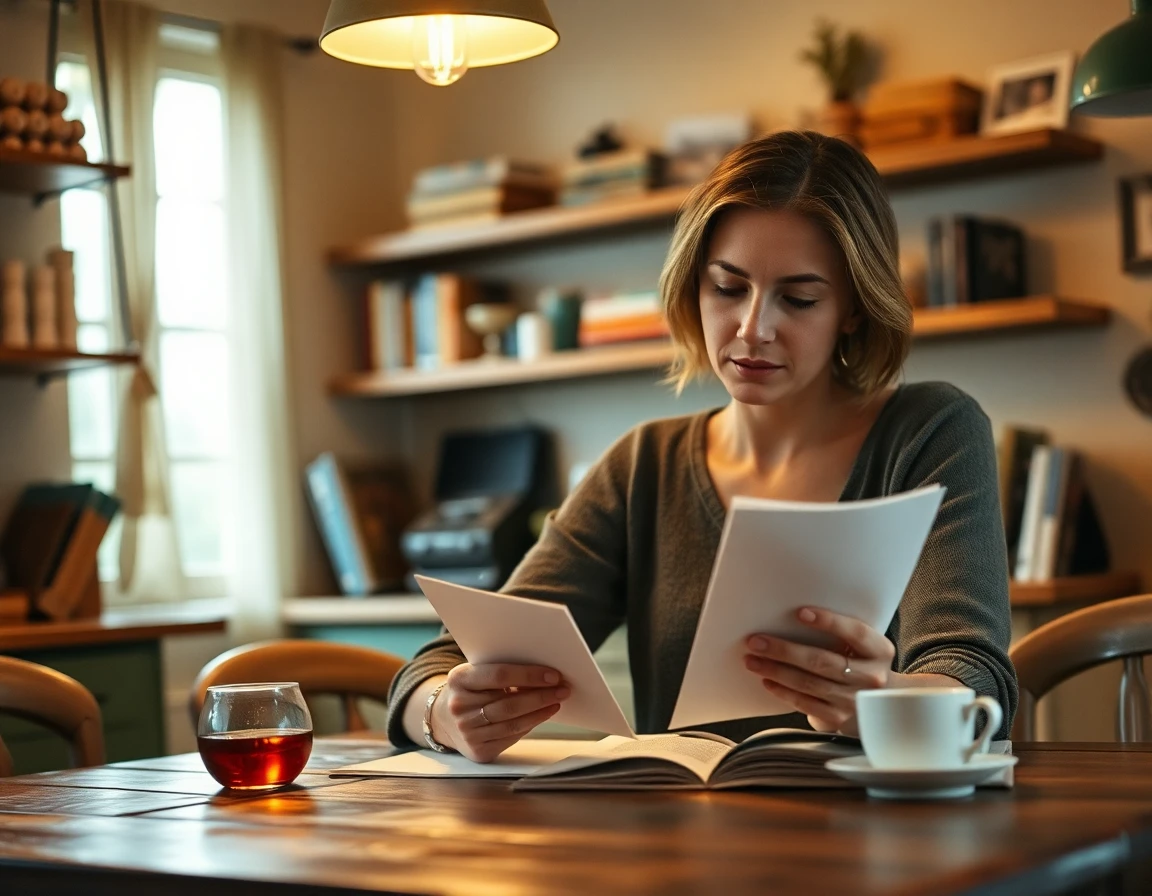 Female author reading handwritten letter in cozy kitchen with warm lighting and shelves