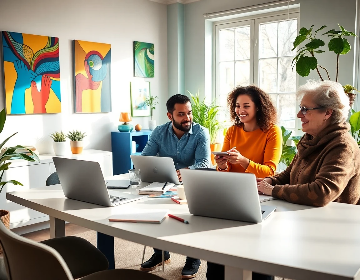 Group of authors collaborating in bright, vibrant home studio with laptops and artwork