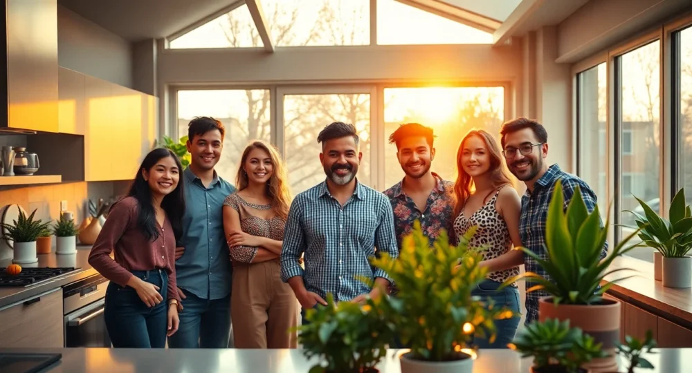 Diverse group collaborating in modern kitchen during golden hour, professional and inviting atmosphere