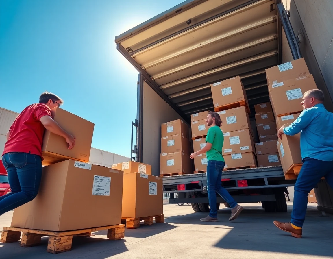 Team unloading bulk supplies from truck, outdoor loading dock, energetic teamwork scene