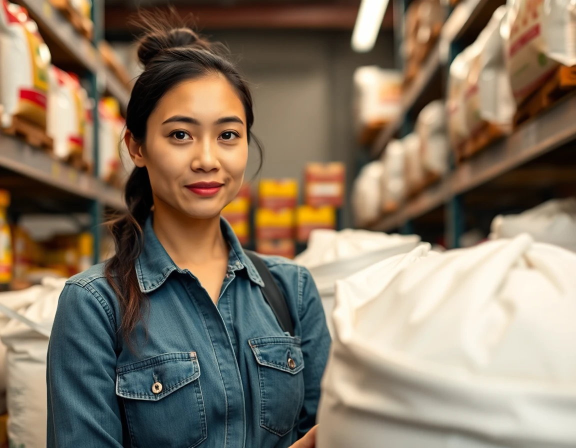 Staff inspecting bulk flour bags in storage, soft lighting, professional warehouse scene