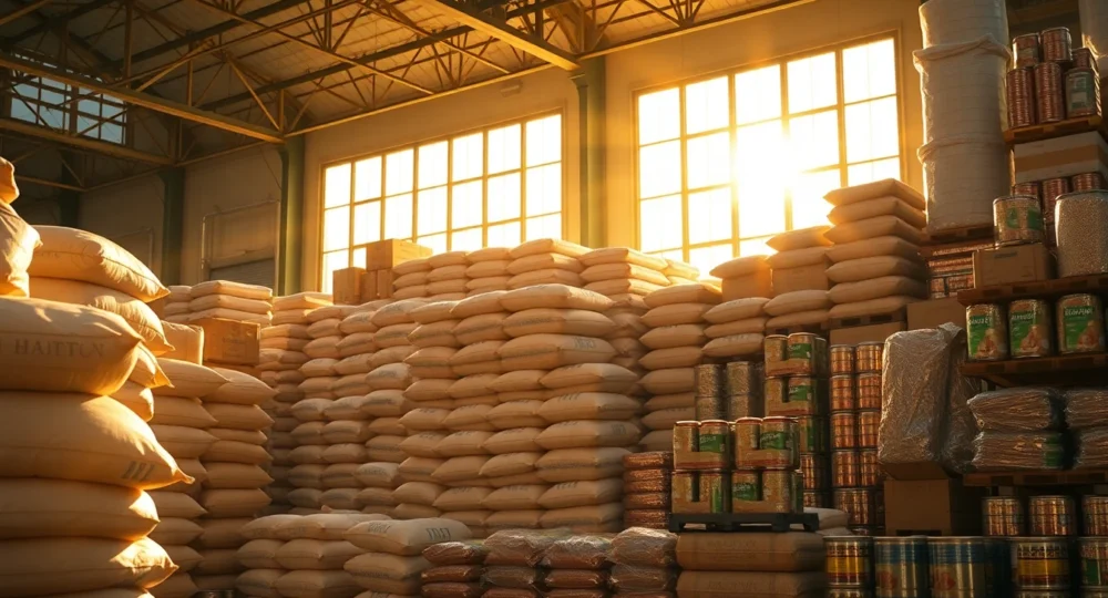 Large warehouse with bulk kitchen supplies, golden hour lighting, professional industrial scene