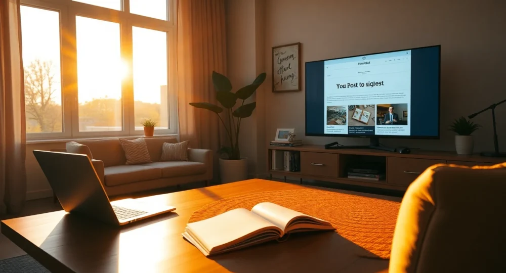 Modern home office with online guest post content during golden hour, inviting and professional