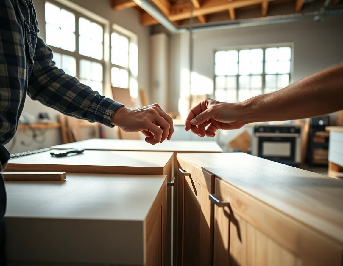 Close-up of craftsman's hands assembling white-label kitchen cabinets, natural workshop lighting, detailed craftsmanship