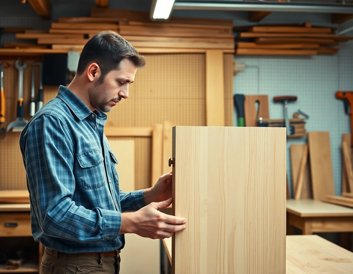 Carpenter inspecting wooden cabinet in workshop, detailed craftsmanship scene