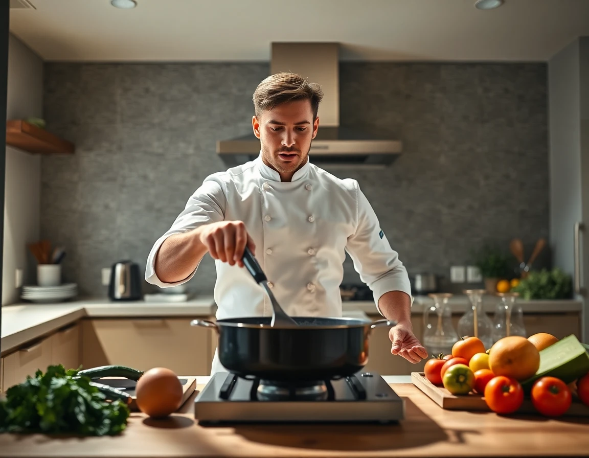 Young male chef demonstrating cooking technique in modern kitchen, vibrant and professional atmosphere