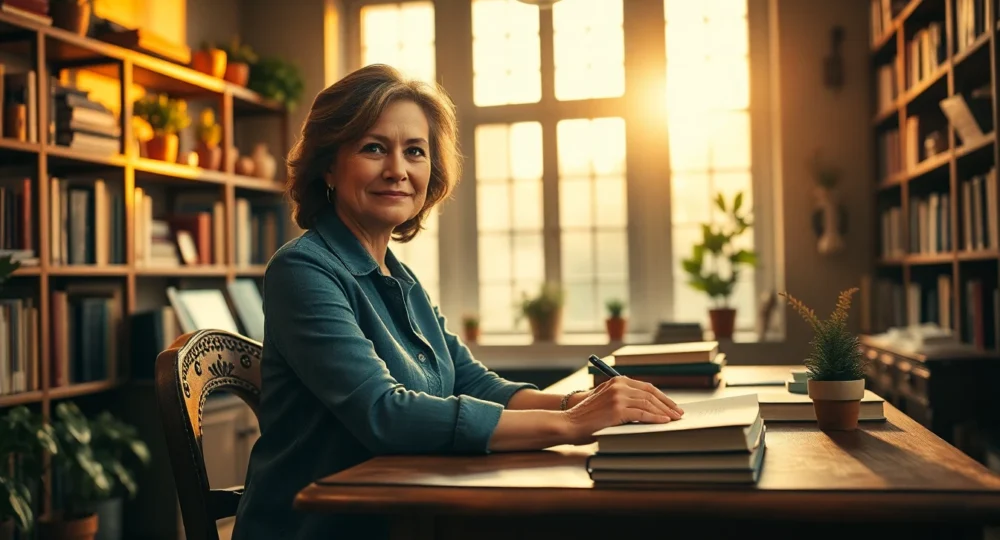 Author in cozy home library with warm sunlight, vintage desk, and book shelves
