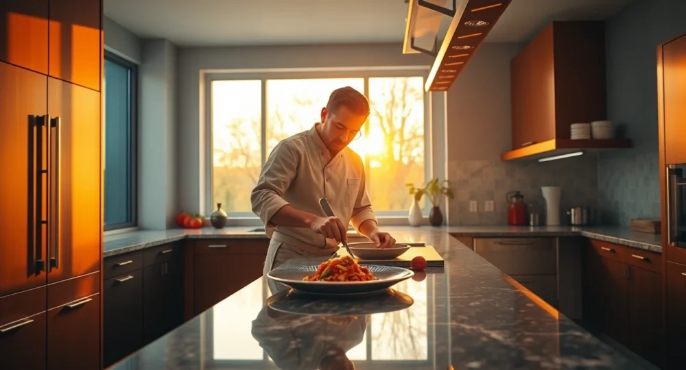 professional chef preparing vibrant dish in modern home kitchen during golden hour