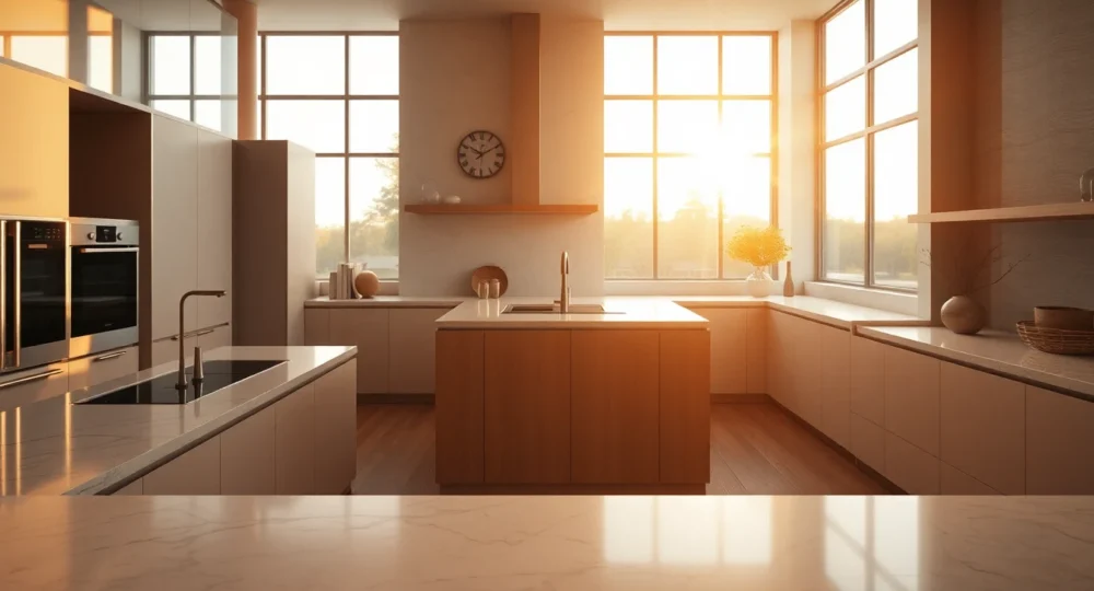 Elegant modern kitchen interior with golden hour light, professional photographic composition, high detail