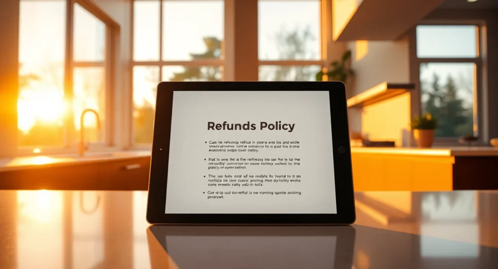 Modern kitchen with digital tablet displaying refund policy, warm golden hour lighting, professional home setting