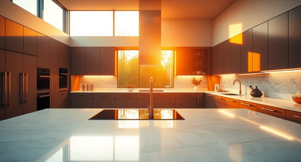 Elegant modern kitchen with warm lighting, spacious layout, high-end appliances, and inviting ambiance