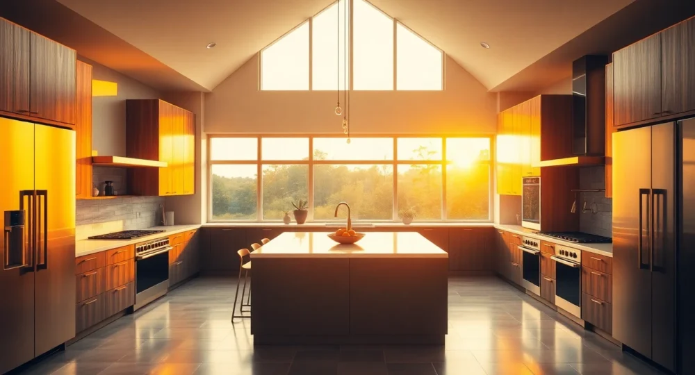 Stylish modern kitchen with spacious island and golden hour lighting
