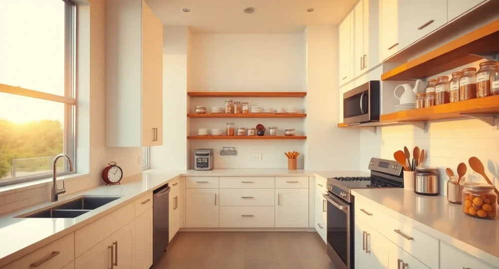 Beautiful organized modern kitchen with clean countertops and labeled storage jars during golden hour