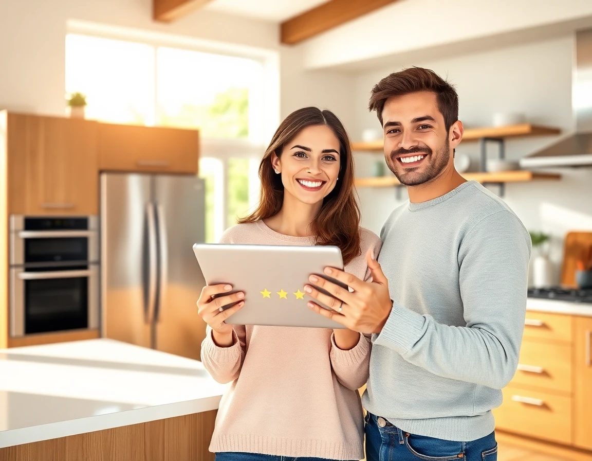 Happy young couple in modern kitchen with positive review for testimonial