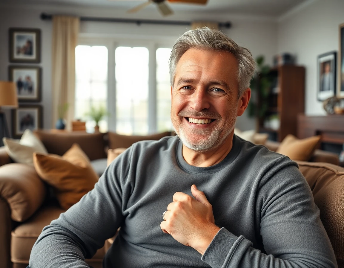 Middle-aged man smiling in cozy living room for testimonial section