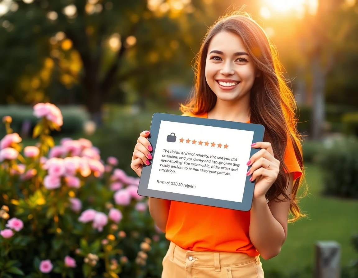 Young woman smiling outdoors in garden during golden hour for testimonial