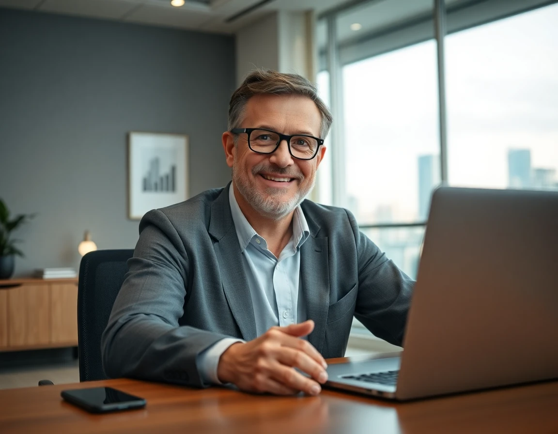 Confident professional man at office desk for testimonial section
