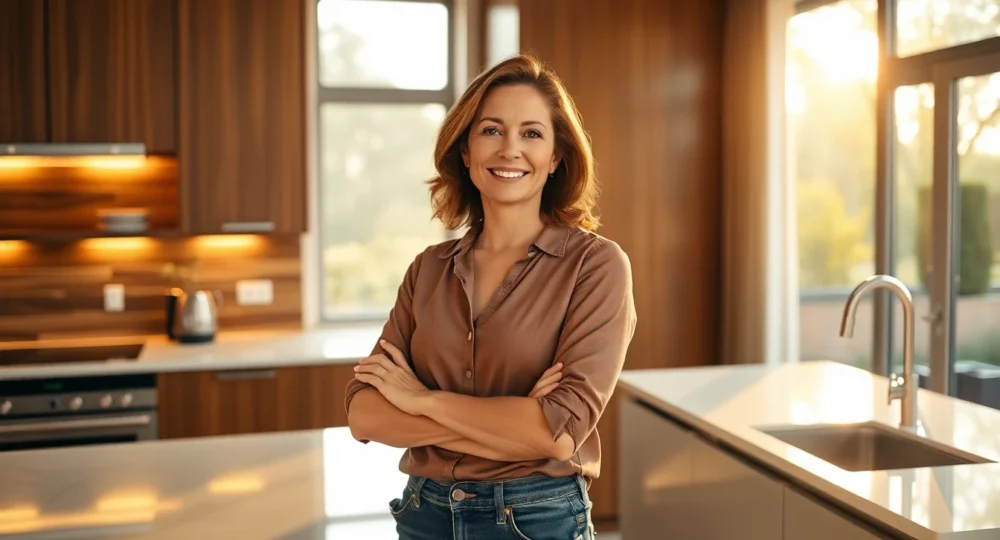 Stylish modern kitchen with smiling woman, inviting testimonial banner