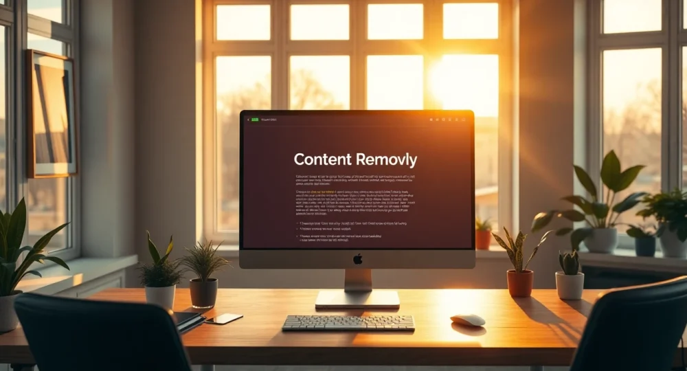 Professional home office with digital screen showing content removal policy, cinematic wide shot, warm lighting