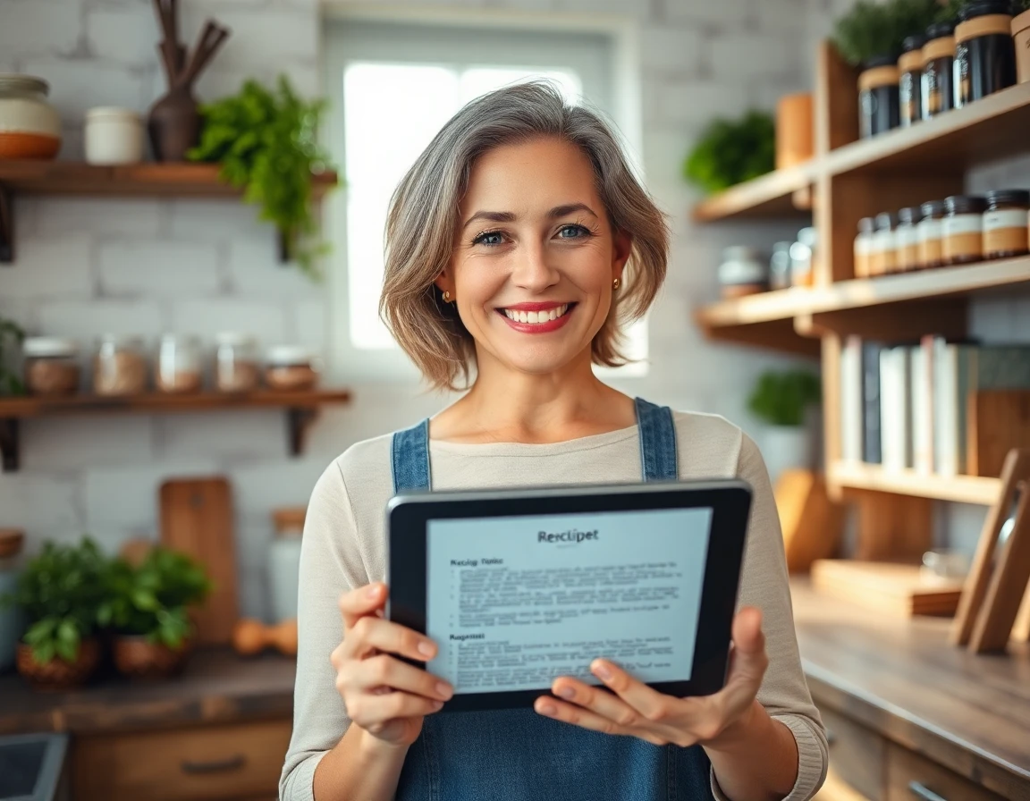 Middle-aged woman smiling holding tablet in rustic kitchen, warm inviting atmosphere