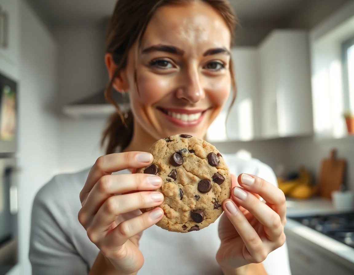 Smiling woman holding a chocolate chip cookie in a bright modern kitchen