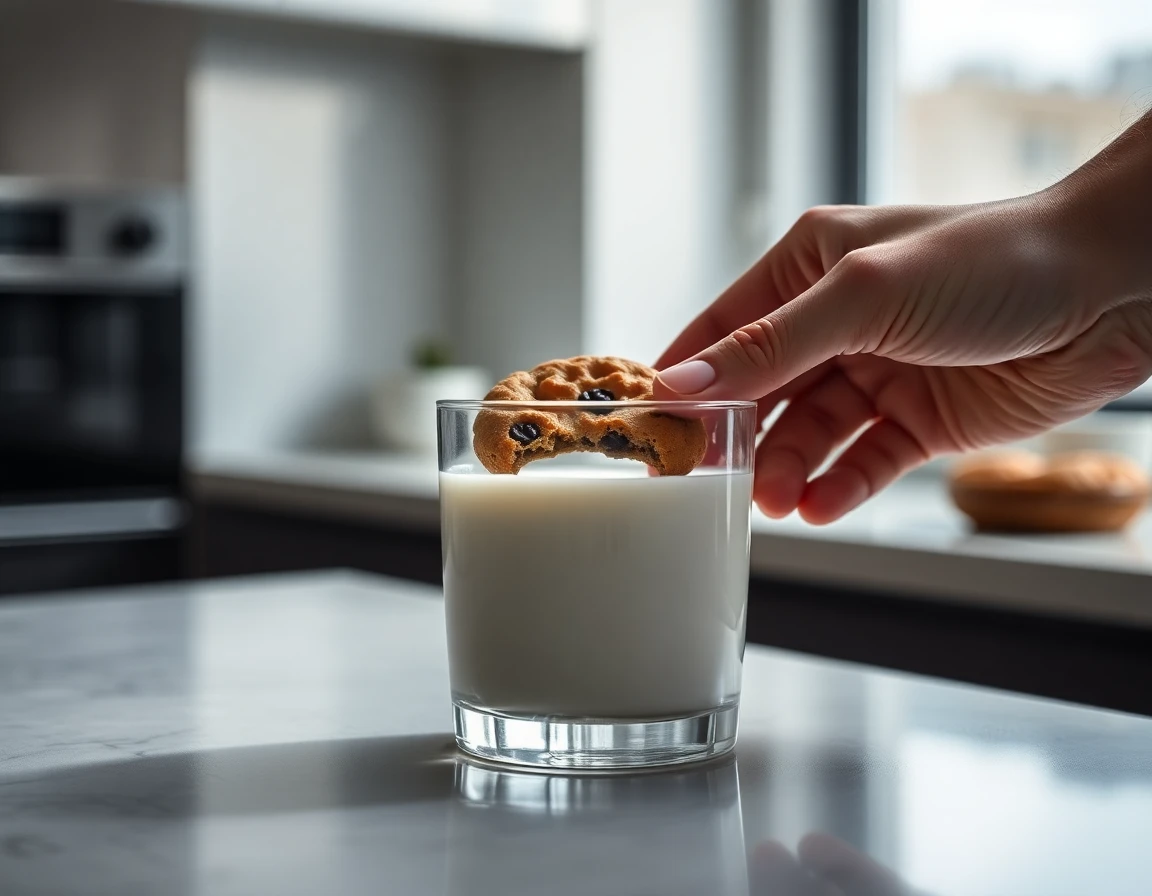 Close-up of cookie being dipped into milk with dramatic side lighting and neutral background