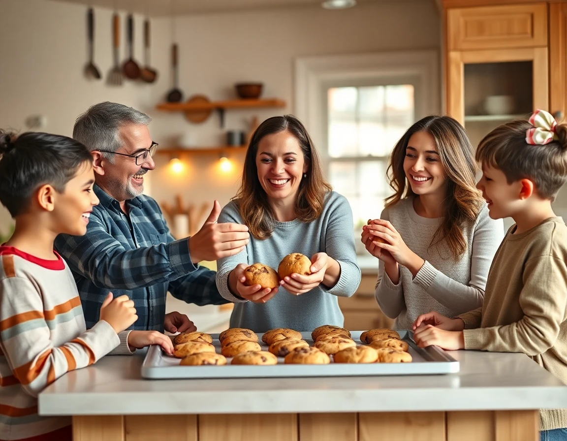 Family sharing freshly baked cookies in a cozy kitchen with warm lighting