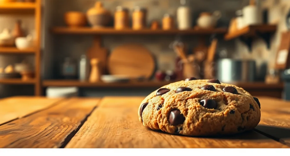 Close-up of a freshly baked chocolate chip cookie on rustic wooden table with warm golden lighting
