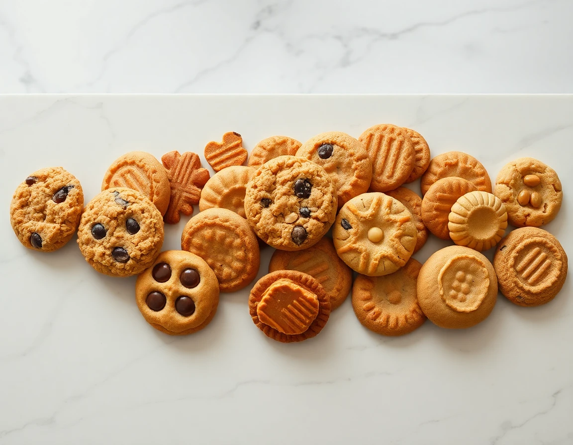 Top-down view of assorted cookies on marble surface with warm, inviting lighting