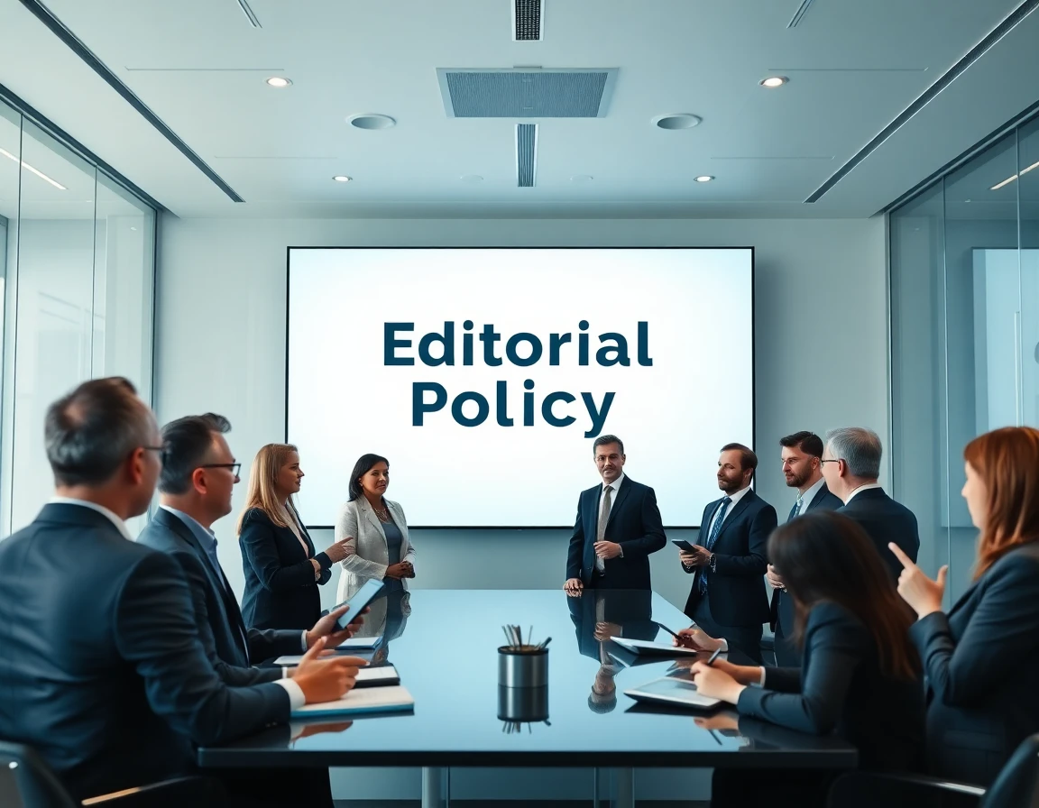 Business professionals discussing editorial policy in a modern conference room, professional atmosphere