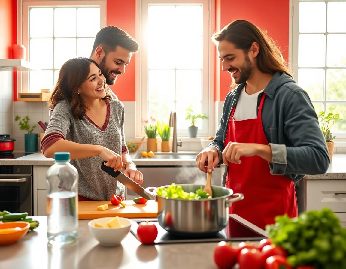 Young couple cooking together in vibrant modern kitchen, midday natural light, energetic scene