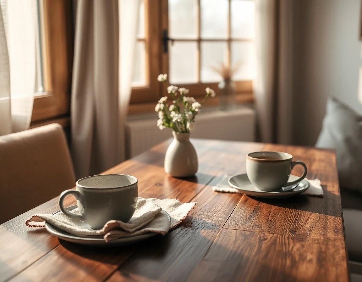 Rustic breakfast nook with wooden table, fresh flowers, and soft morning light creating a warm inviting scene