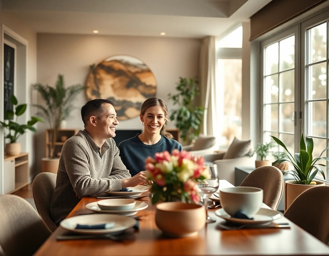 young couple enjoying dinner in a cozy, well-lit modern home interior