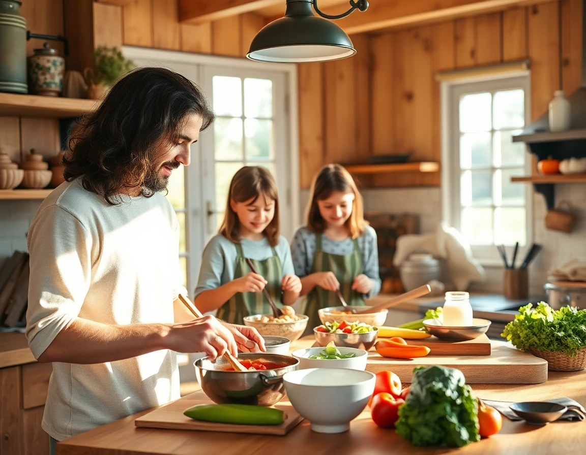 Family cooking together in a cozy rustic kitchen during natural afternoon light