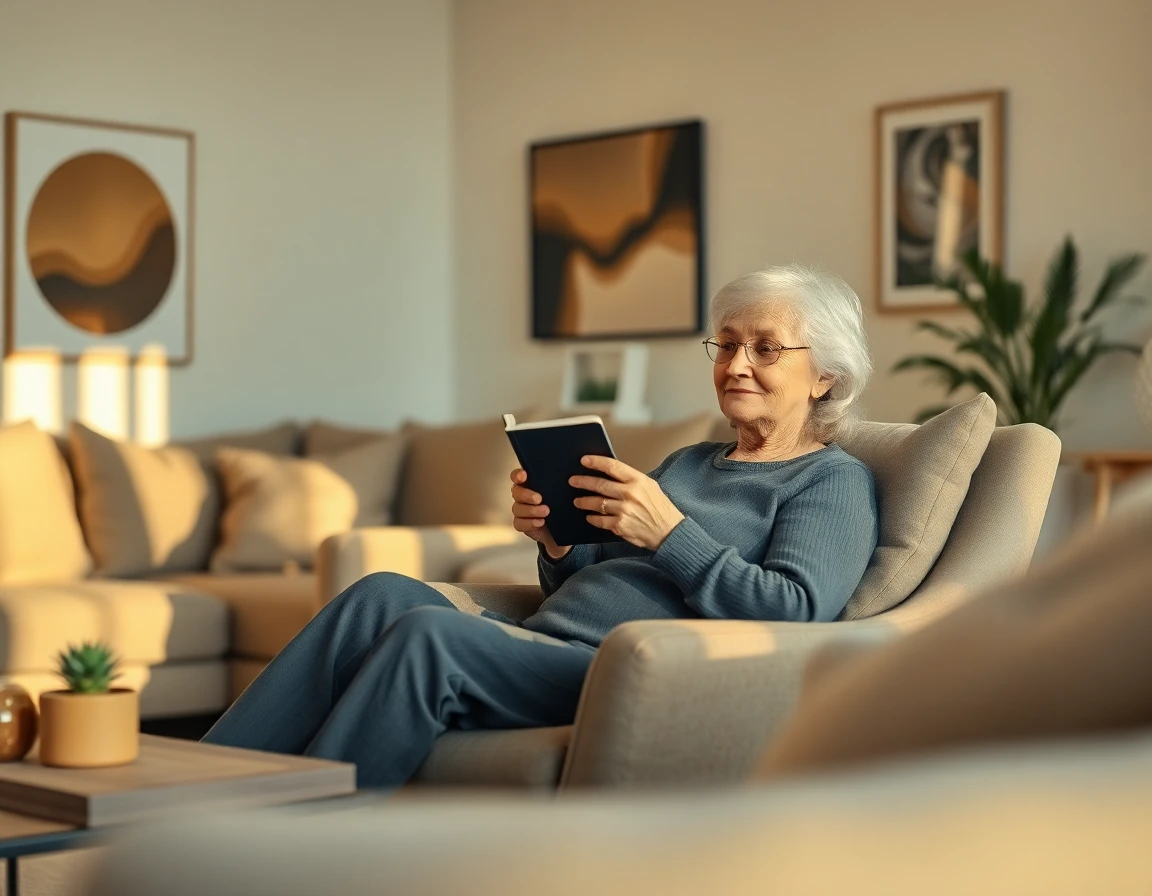 Senior woman relaxing with coffee in cozy living room, warm late afternoon lighting