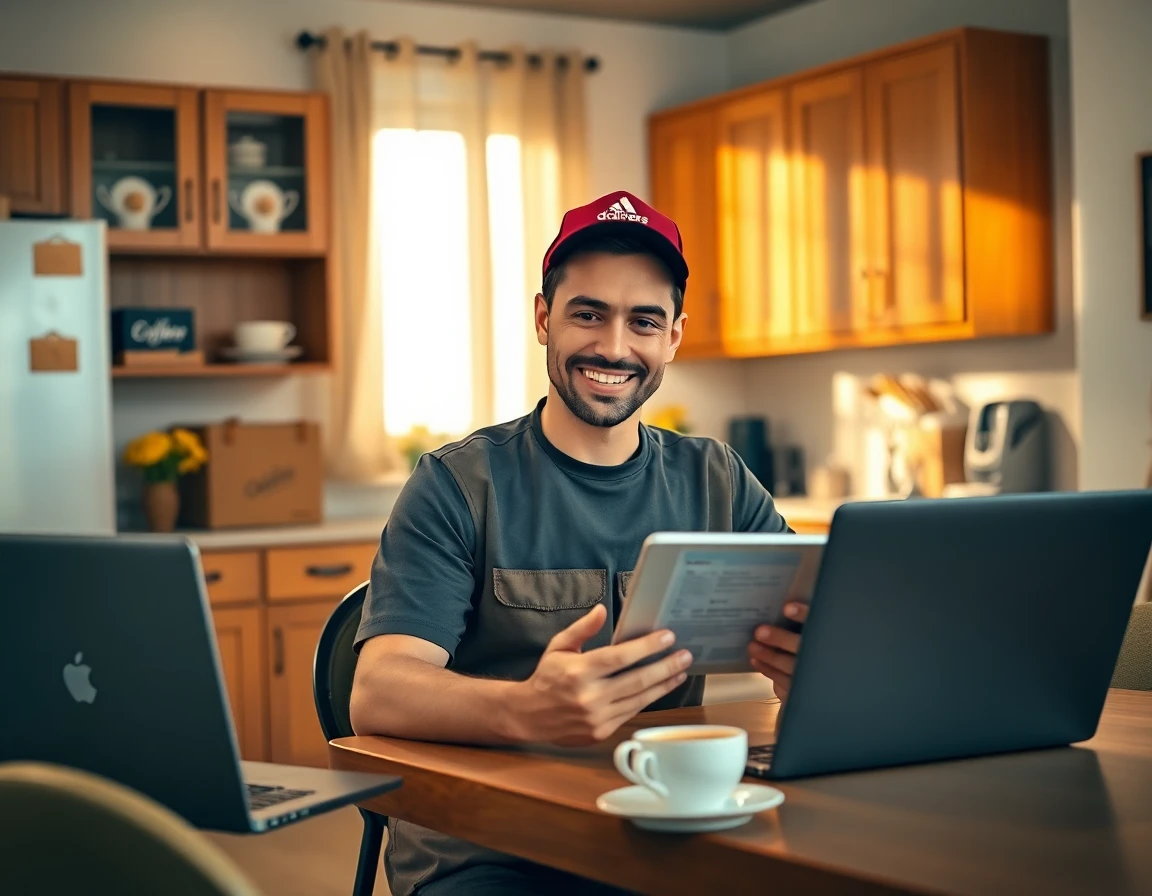 Delivery driver reviewing order details at a cozy kitchen table with natural light