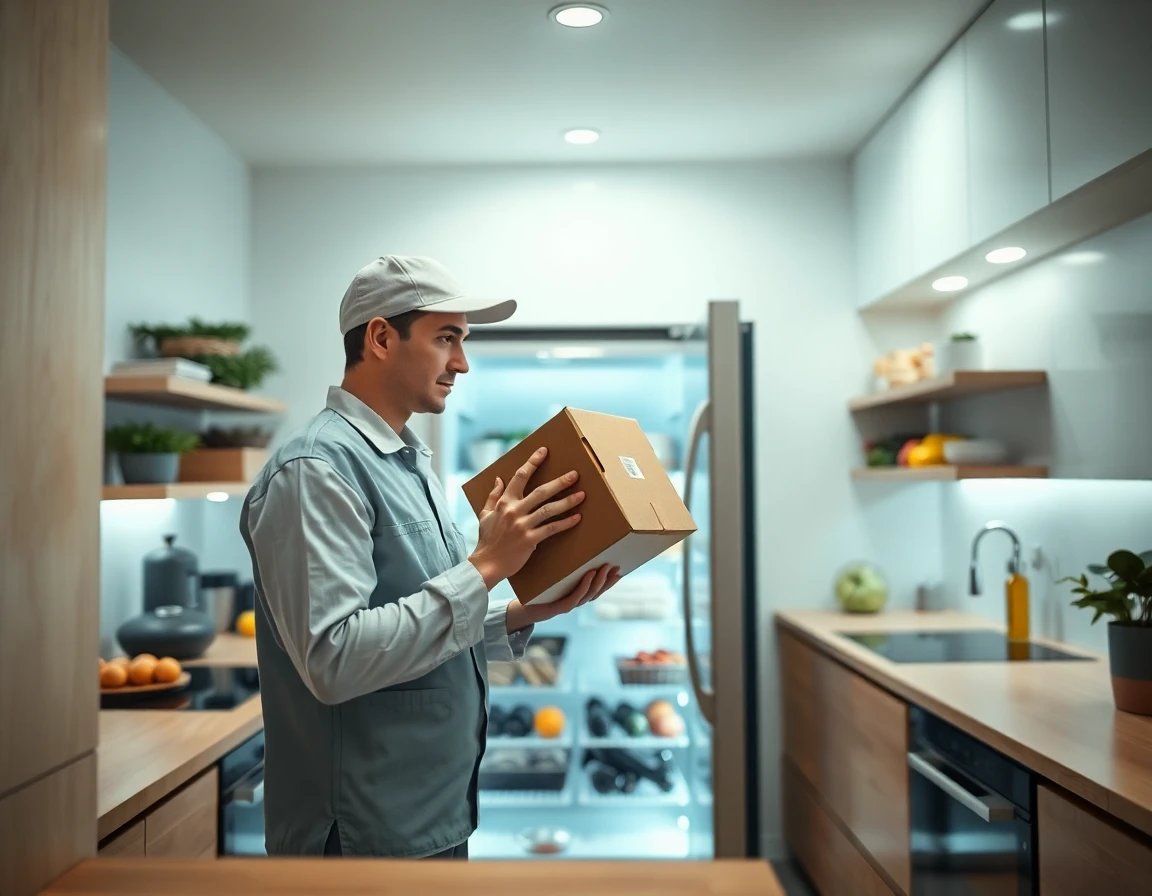 Delivery person placing package into modern refrigerator in a clean kitchen