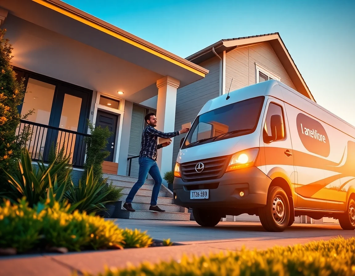 Delivery vehicle unloading packages in front of a modern home at sunset