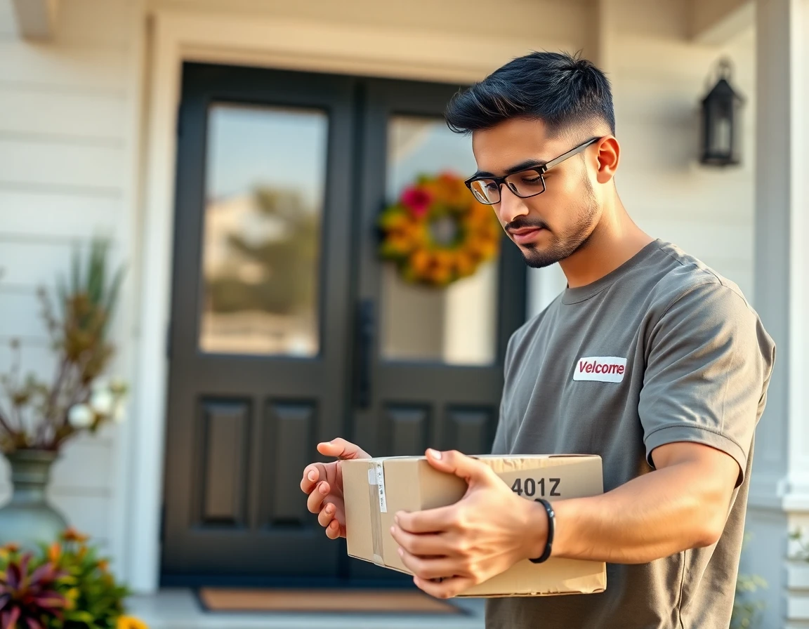 Delivery courier placing package on modern home porch with natural daylight