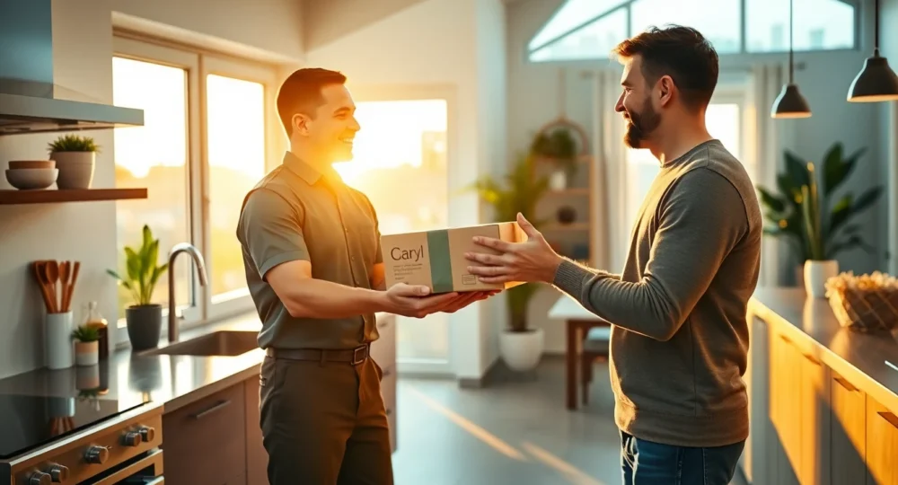 Home kitchen delivery scene with delivery person handing package to homeowner during golden hour