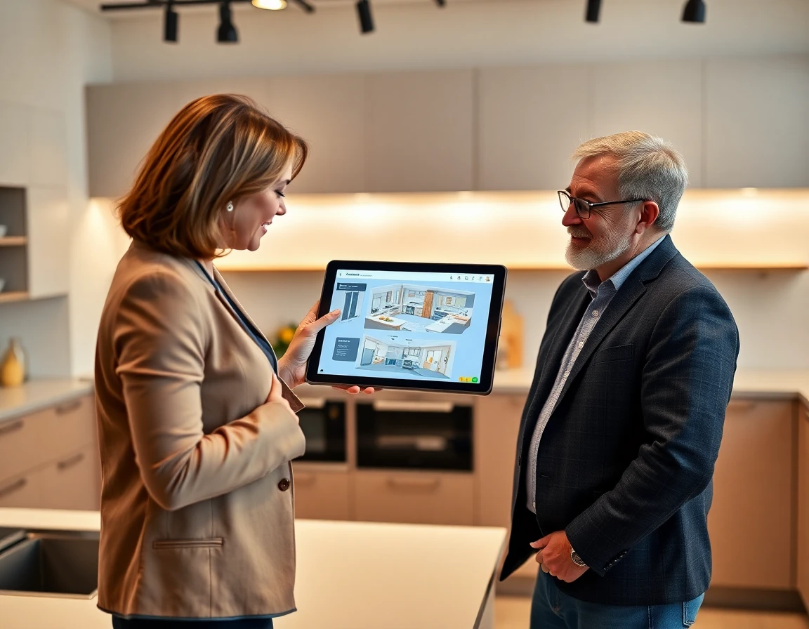 Kitchen designer showing digital renderings to a couple in a modern showroom