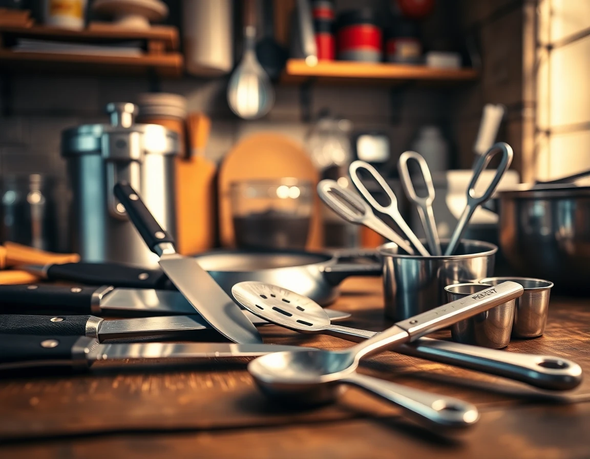 Close-up of kitchen utensils and appliances on rustic countertop for terms article