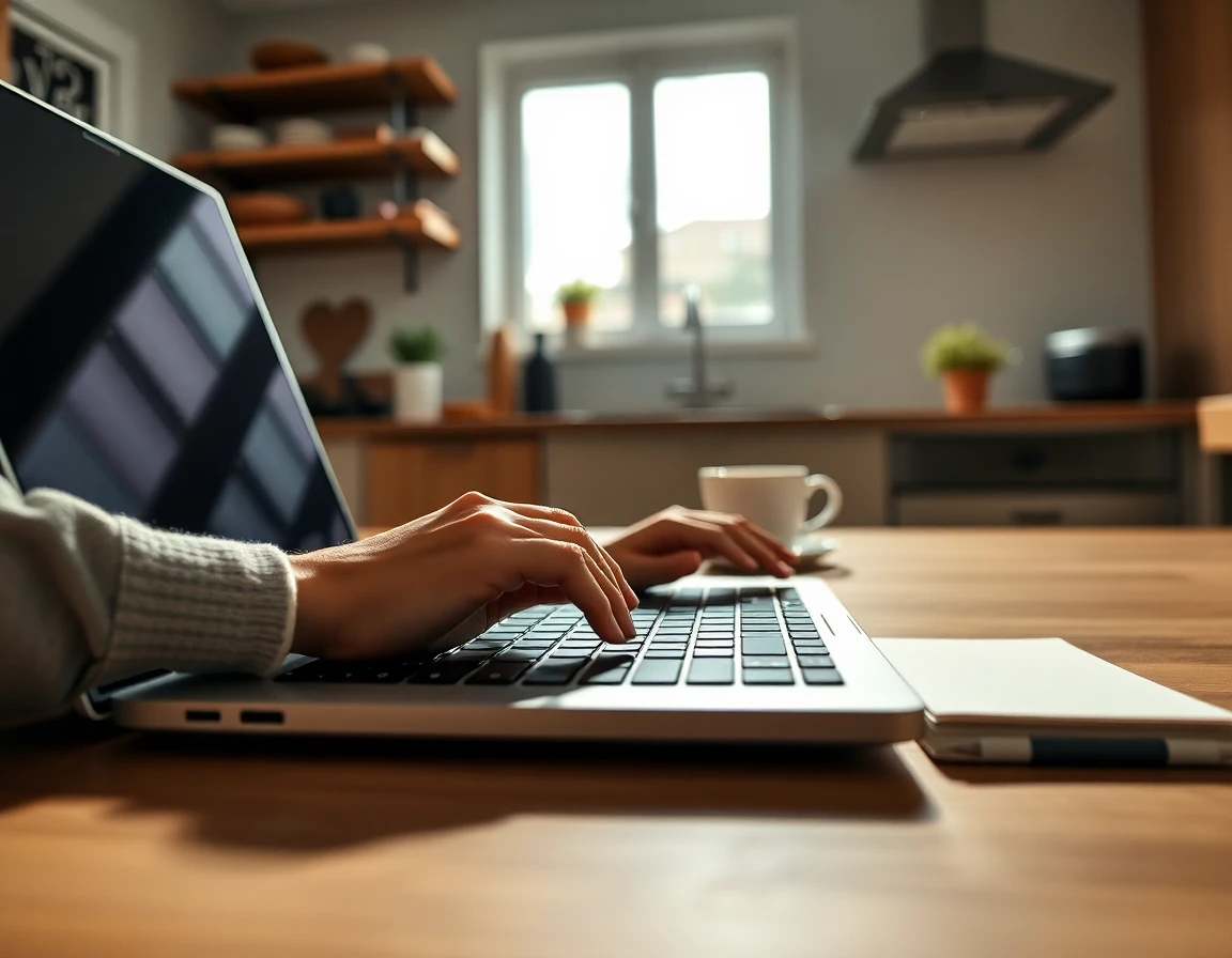 Hands typing on laptop in kitchen, content protection theme, natural light, macro shot