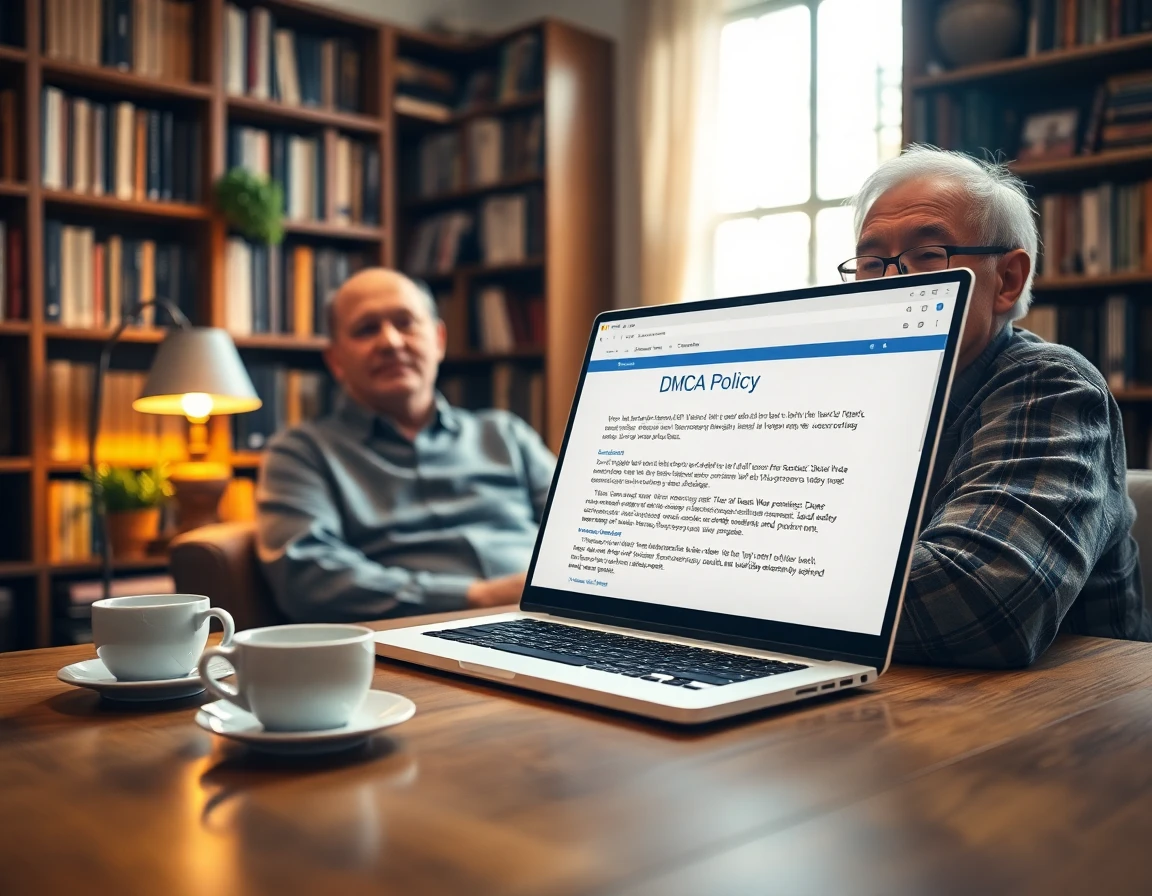 Elderly person reading DMCA policy on laptop in cozy library, warm inviting scene