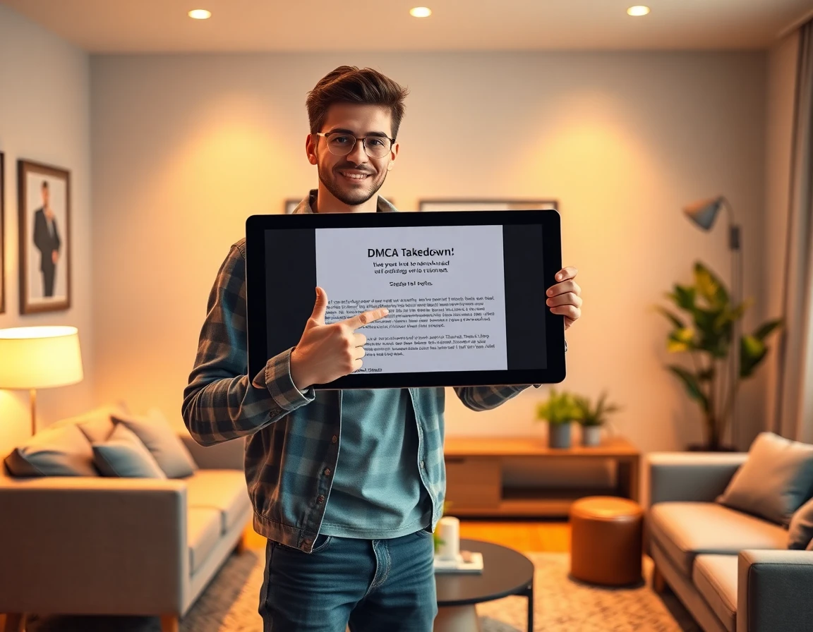 Young man pointing at tablet with DMCA notice, modern living room, professional and inviting atmosphere