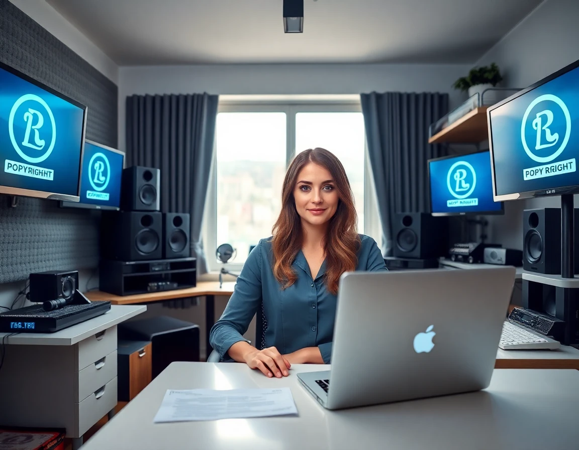 Content creator in home studio with copyright symbols, legal documents, professional atmosphere