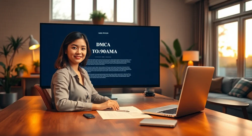 Modern home office with DMCA policy on screen, professional woman, warm cozy environment, sharp focus